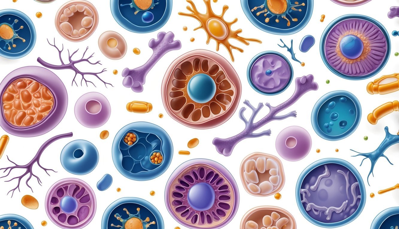 Prikaz različitih vrsta životinjskih stanica s vidljivim unutarnjim strukturama i različitim oblicima.