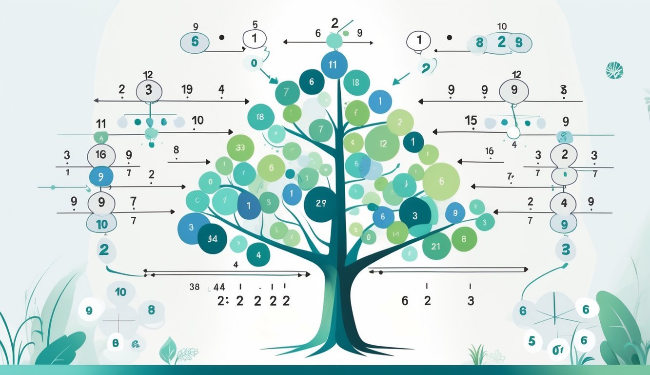 Ilustracija stabla brojeva koja prikazuje odnose djeljivosti između prirodnih brojeva s povezanim čvorovima i strelicama.