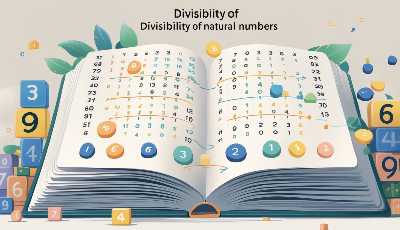 Ilustracija koja prikazuje prirodne brojeve i njihove odnose djeljivosti s istaknutim brojevima i povezanim linijama.