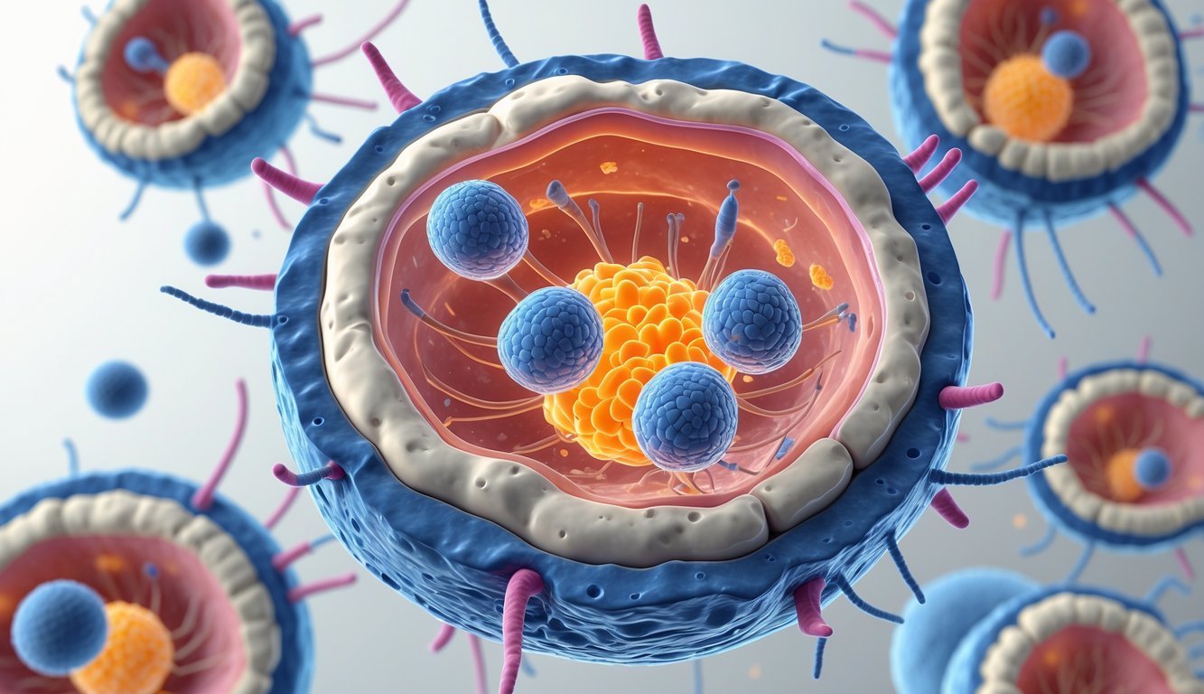 Prikaz životinjske stanice tijekom procesa razmnožavanja i nasljeđivanja s vidljivim organelama i kromosomima u različitim fazama diobe stanice.