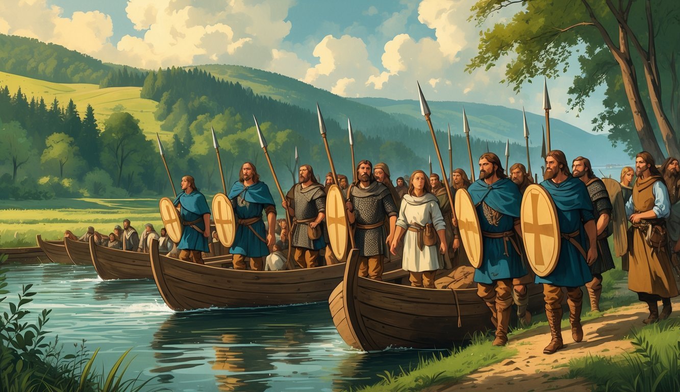 Skupina Hrvata u ranim srednjovjekovnim odorama iskrcava se s drvenih brodova na obalu okruženu šumom i brdima.