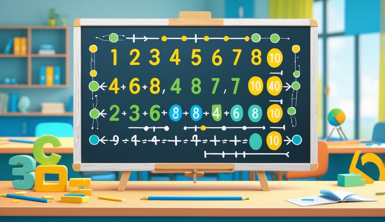 Ilustracija koja prikazuje prirodne brojeve povezane linijama koje označavaju djeljivost, u učionici s pločom i matematičkim simbolima.