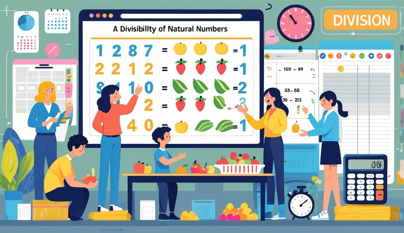 Ljudi u svakodnevnim situacijama koriste dijeljenje prirodnih brojeva, uključujući učitelja, prodavača voća i dijete koje dijeli slatkiše.