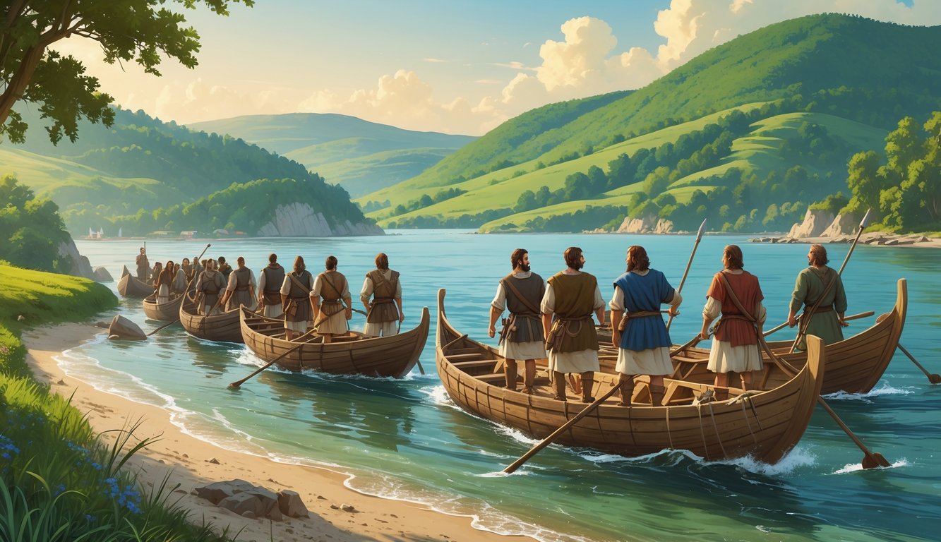 Grupa ranosrednjovjekovnih Hrvata pristaje drvenim brodovima na zelenu obalu s brežuljcima i šumama u pozadini.