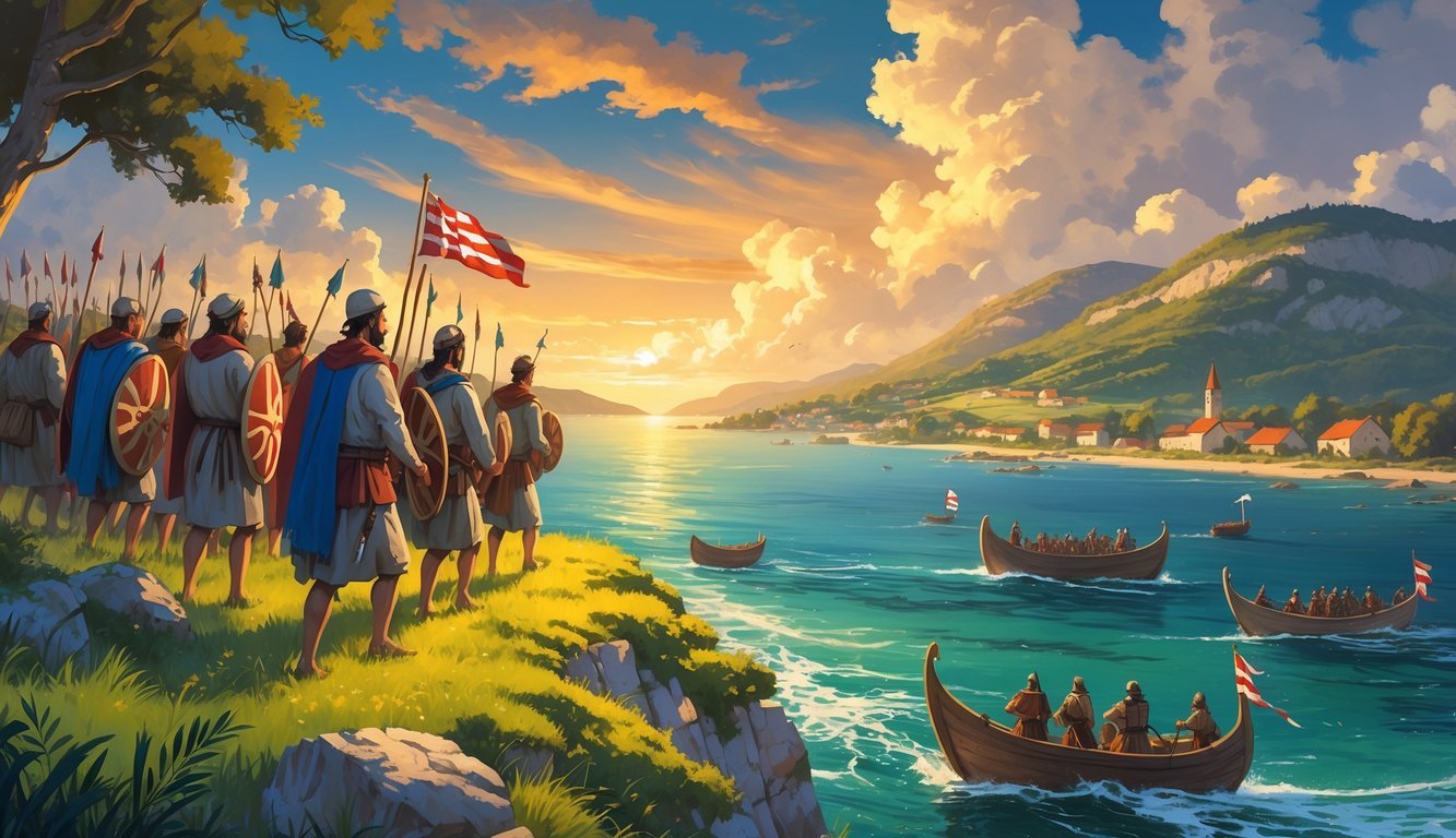 Skupina ranih hrvatskih doseljenika dolazi na obalu kraj zelenog krajolika s brežuljcima i starim drvećem u pozadini.