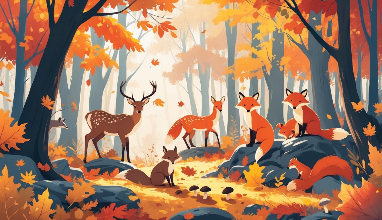 Životinje u šumi tijekom jeseni s obojenim lišćem i životinjama poput jelena, lisica i vjeverica.