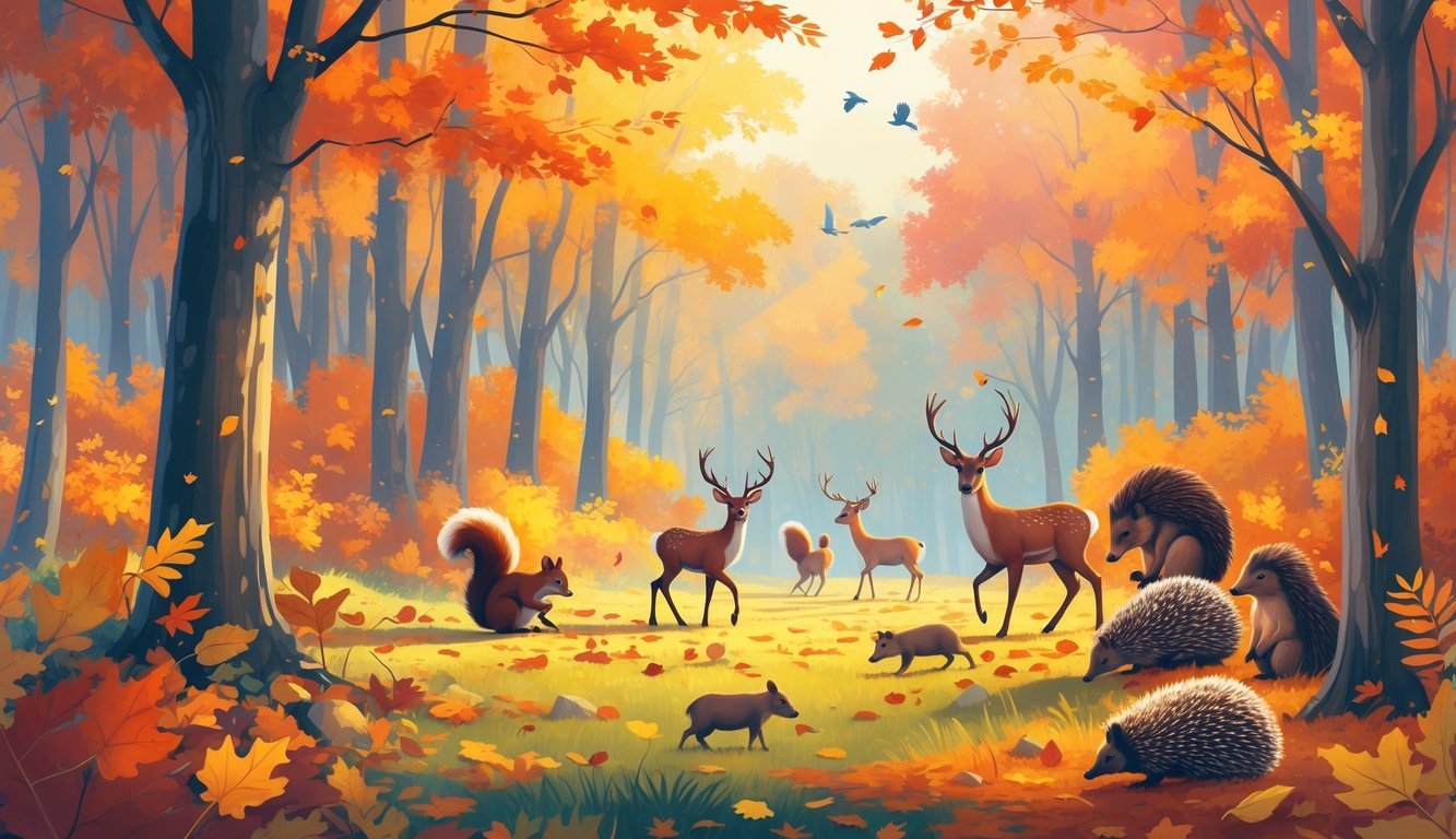 Šumska scena u jesen s različitim životinjama poput vjeverica, jelena, ptica i ježeva među šarenim lišćem.