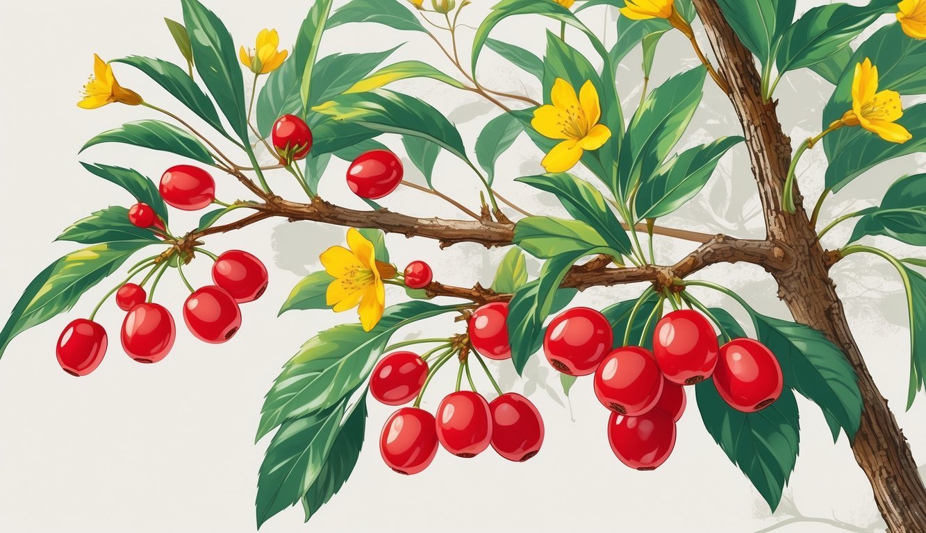 Prikaz grma drena s crvenim plodovima i zelenim lišćem.