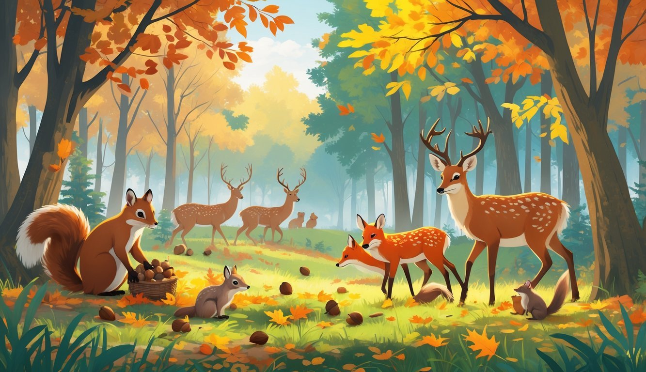 Šumska scena u jesen s životinjama koje skupljaju hranu i pripremaju se za hladnije vrijeme.