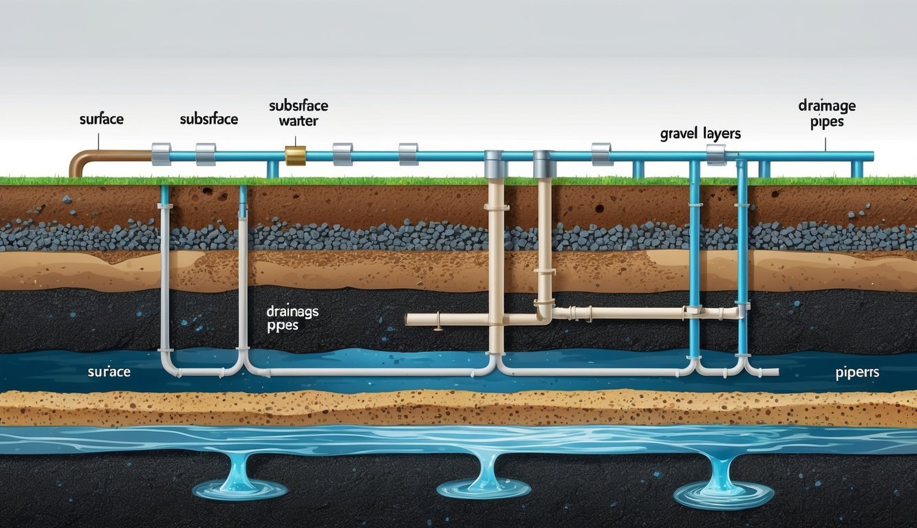 Prikaz presjeka tla s različitim vrstama sustava za odvodnju vode, uključujući cijevi i slojeve tla.