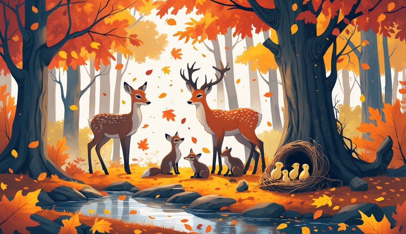 Šumska scena u jesen s životinjama koje se pare i brinu za svoje mladunce, uključujući jelene, lisice i ptice.