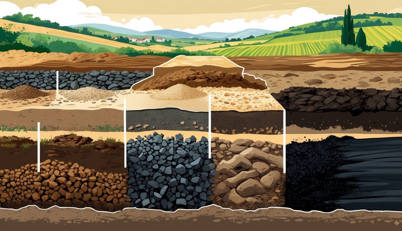 Prikaz presjeka tla u Hrvatskoj s različitim vrstama tla i njihovim karakterističnim slojevima i bojama, uz pozadinu hrvatskog krajolika s brežuljcima i poljima.