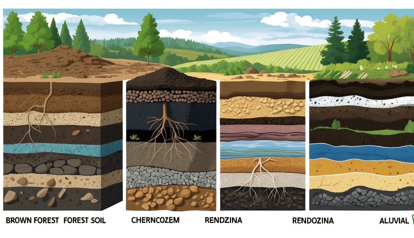 Presjek tla s prikazom različitih vrsta tla u Hrvatskoj i njihovih prirodnih okoliša.