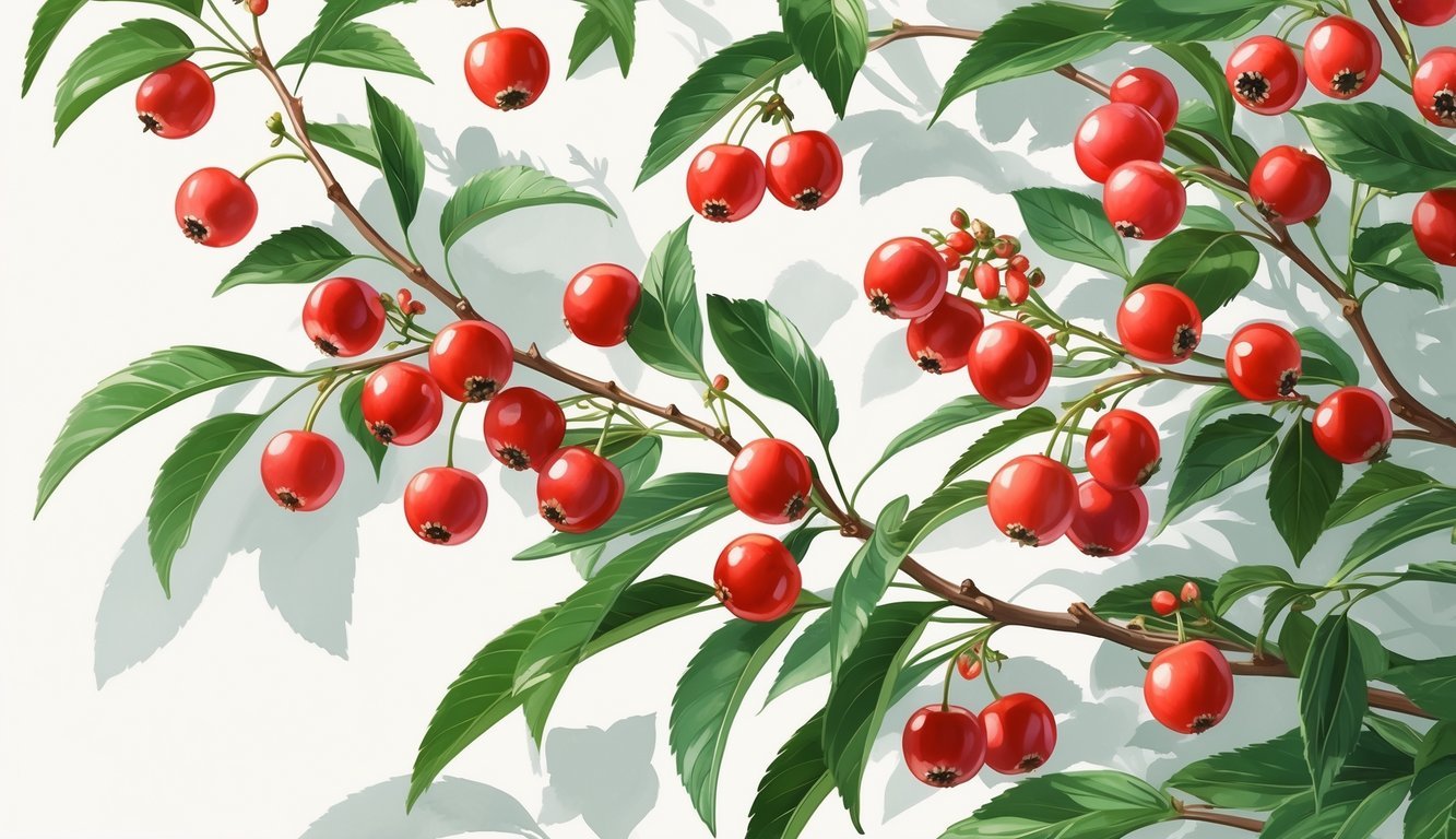 Ilustracija grma drena s crvenim bobicama i zelenim listovima na granama.