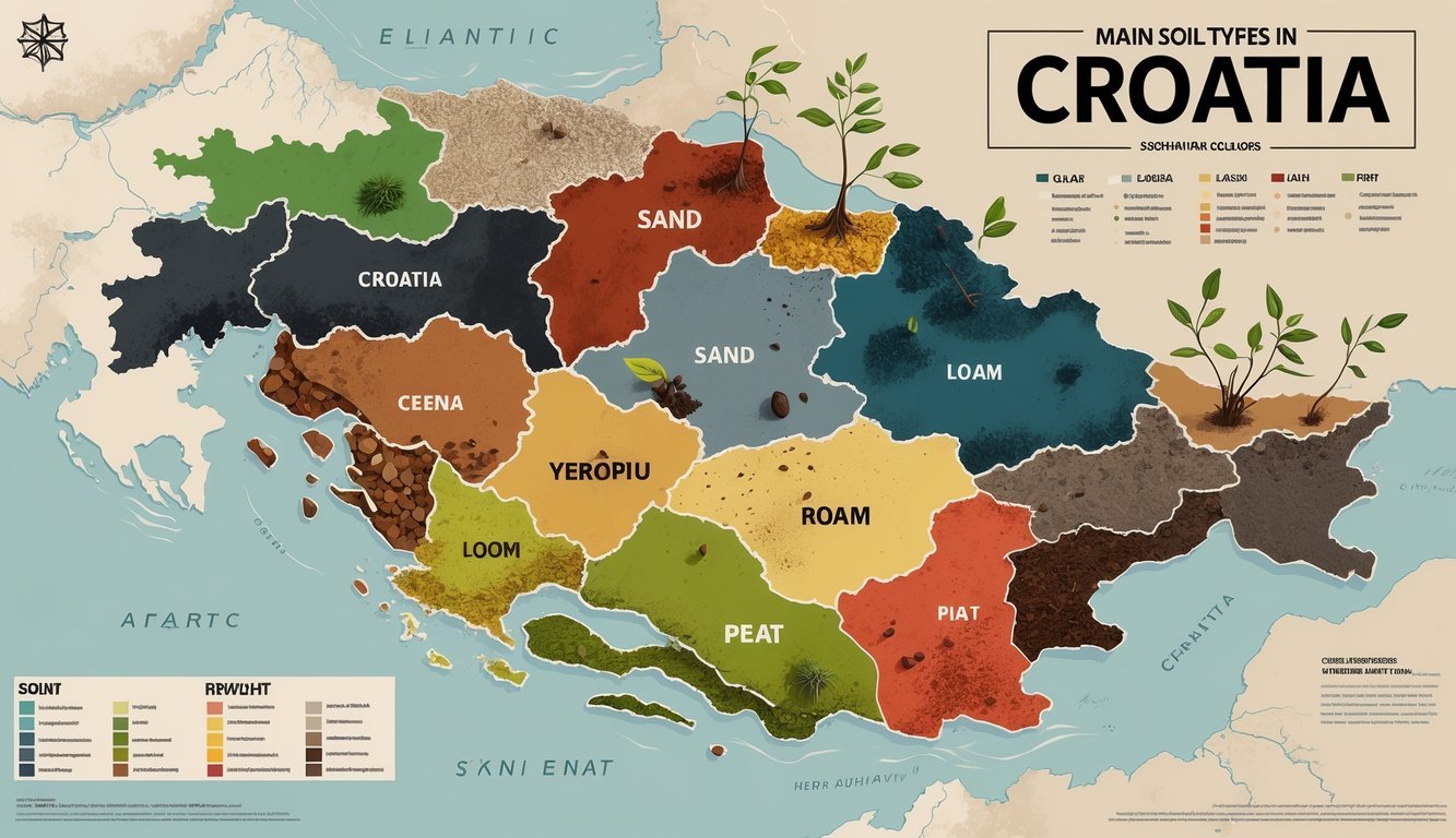 Karta Hrvatske podijeljena na različite regije koje prikazuju glavne vrste tla s realističnim prikazom tekstura i boja tla.