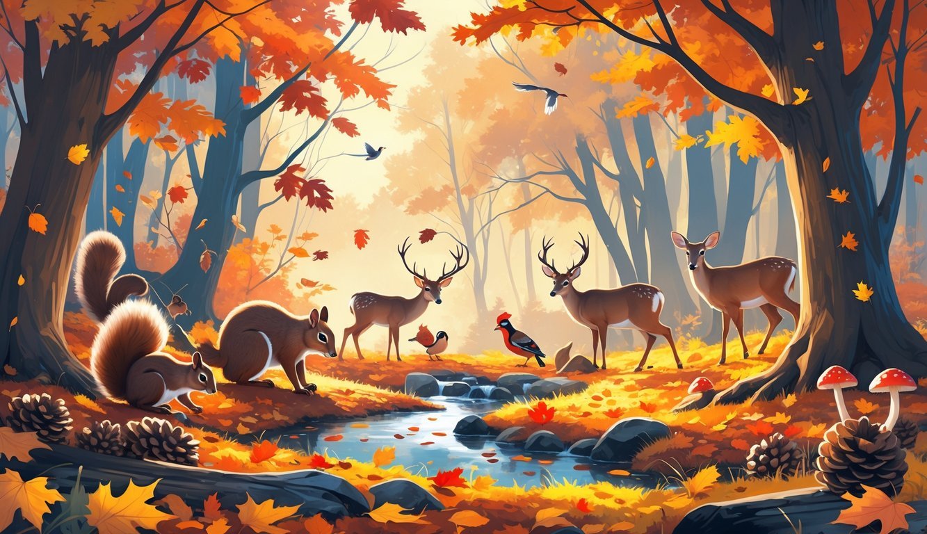 Šumska scena u jesen s vjevericama koje skupljaju žireve, jelenima koji pasu kraj potoka, i pticama na granama među obojenim lišćem.