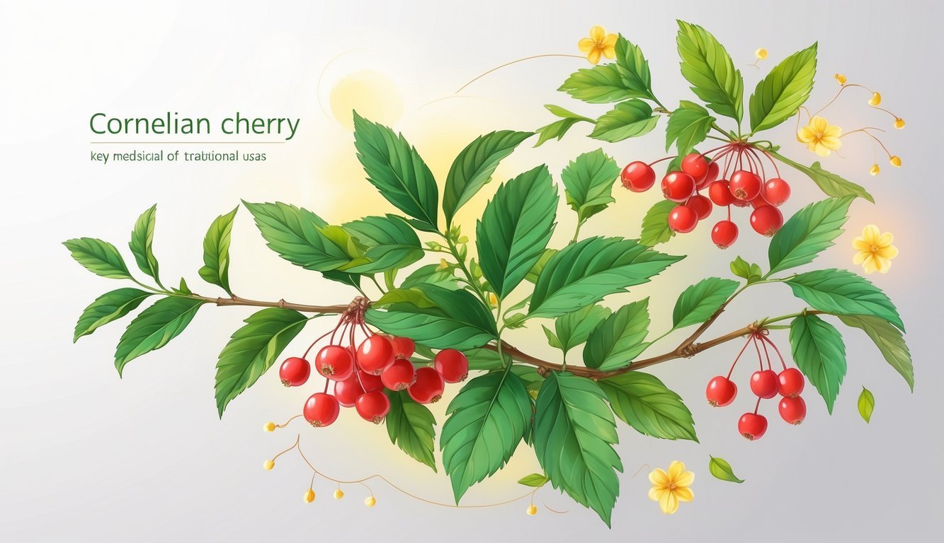 Prikaz grma drena s zelenim listovima i crvenim bobicama, s naglaskom na njegove ljekovite plodove i cvjetove.