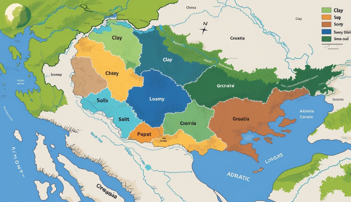 Karta Hrvatske podijeljena na različite vrste tla i agroekološke zone s prikazom poljoprivrednih područja i prirodnih obilježja.