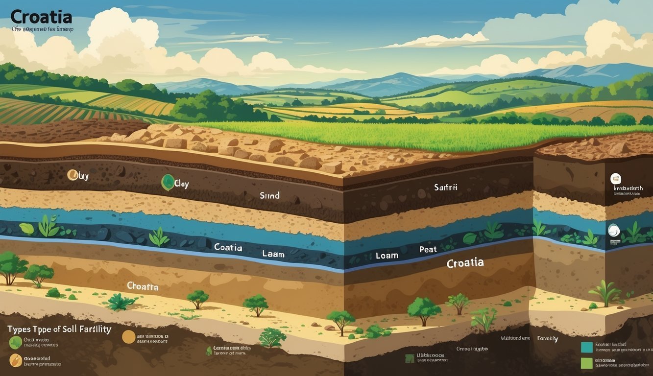 Prikaz različitih vrsta tla u Hrvatskoj s presjekom tla koji pokazuje slojeve i karakteristike tla ispod površine krajolika s biljkama i brdima.
