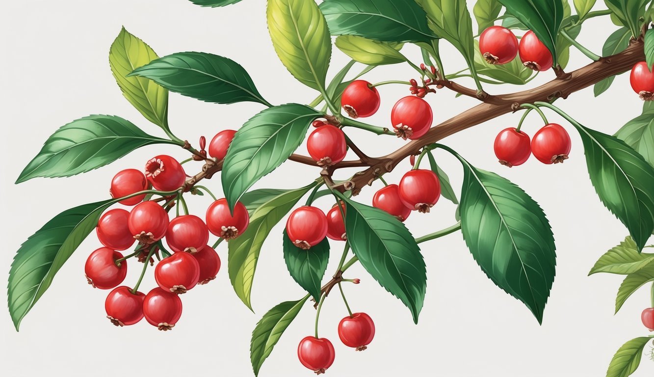 Grančica drena s zelenim lišćem i crvenim plodovima na bijeloj pozadini.