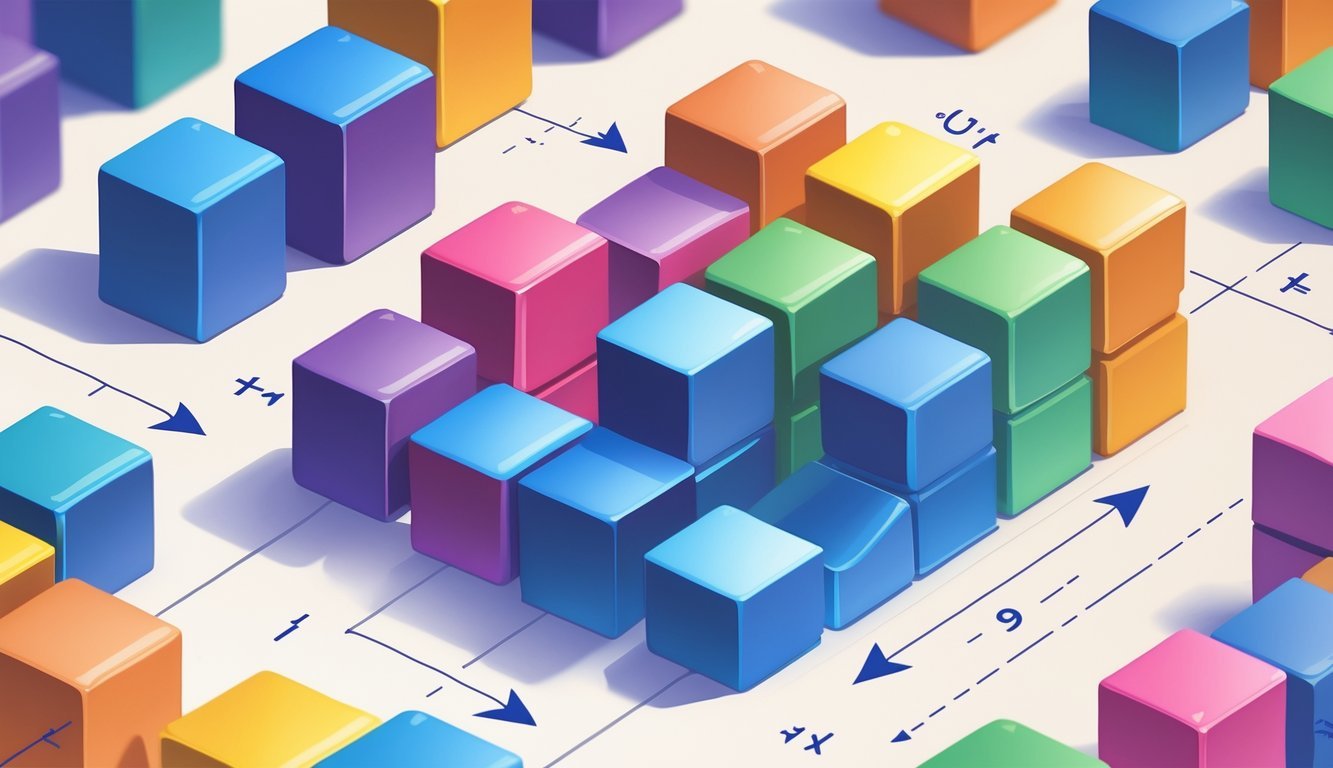 Ilustracija koja prikazuje faktore kao obojene blokove povezane u grupe, s prikazom njihovog množenja i razmještaja faktora.