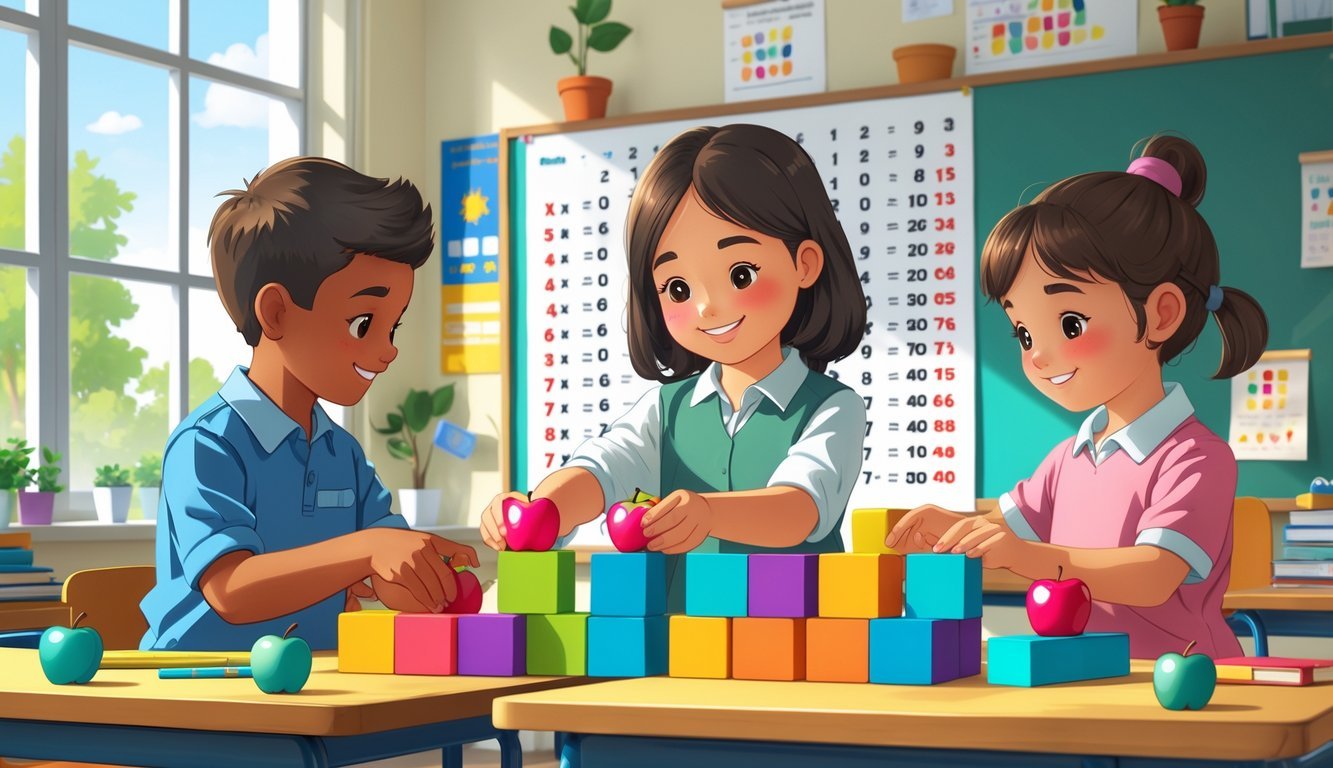 Učionica s djecom i učiteljem koji koriste predmete za ilustraciju množenja i faktora.
