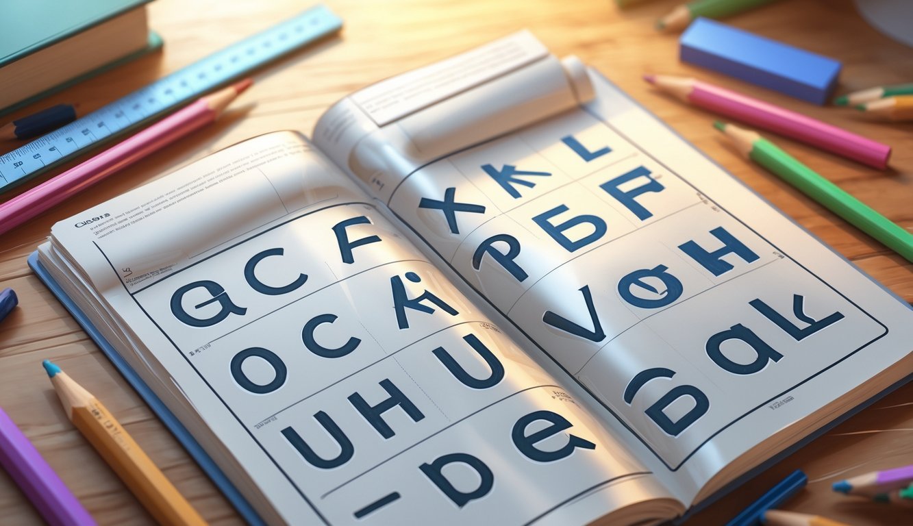 Ilustracija radnog stola s otvorenom bilježnicom i priborom za pisanje, prikazujući vježbe velikih i malih slova.