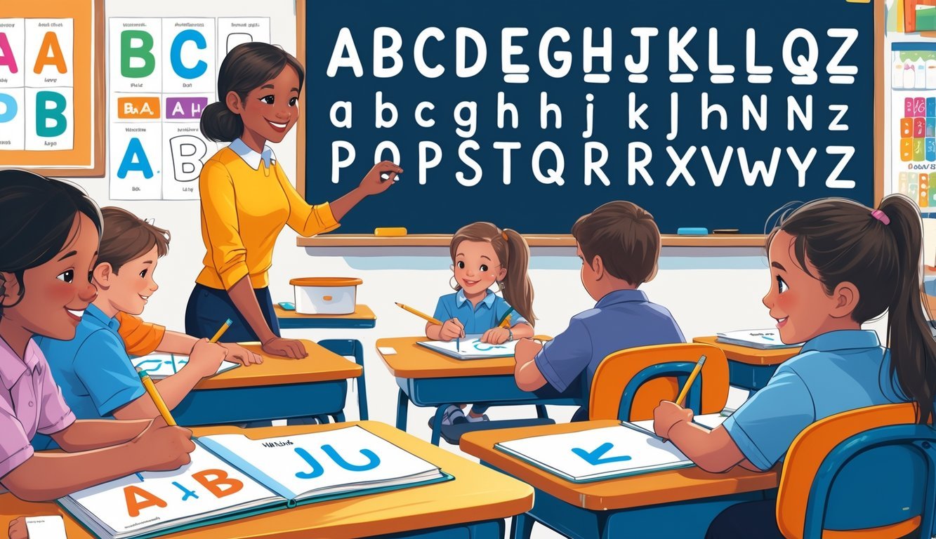 Učionica s djecom koja vježbaju pisanje velikih i malih slova uz pomoć učitelja.