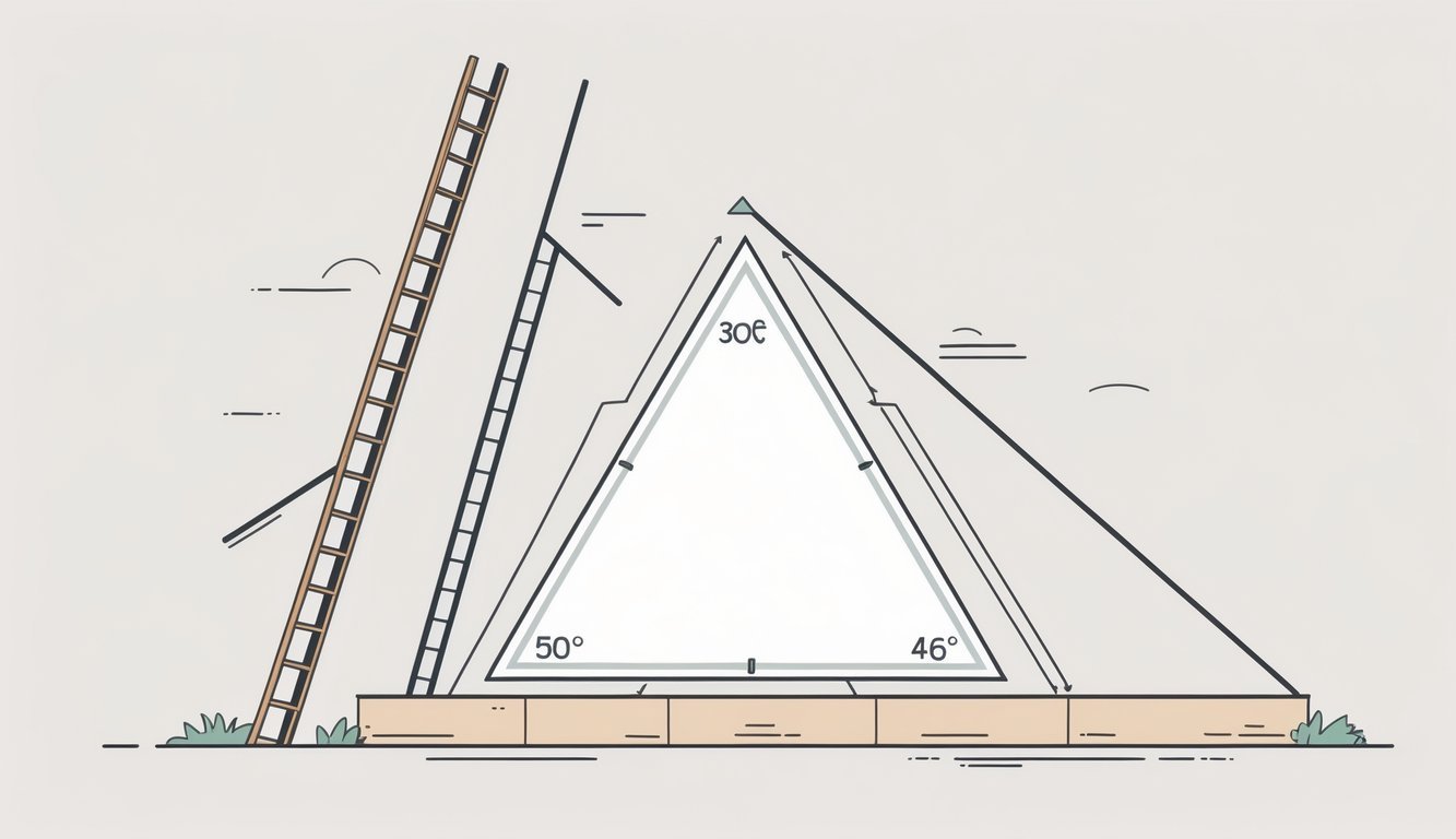 Ilustracija pravokutnog trokuta s naglaskom na primjenu u svakodnevnom životu, prikazuje trokuta s pravim kutom i primjere poput ljestava naslonjenih na zid.