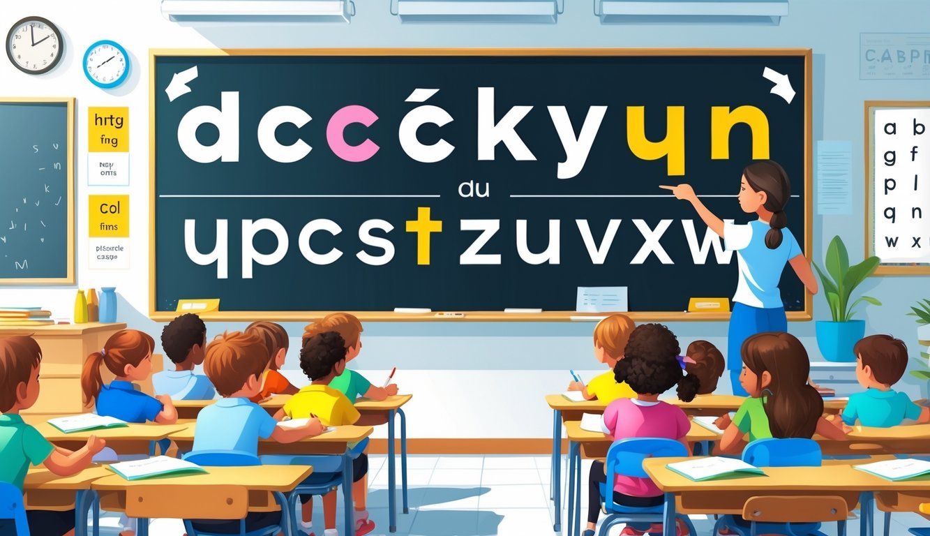 Učionica s djecom i učiteljem koji pokazuje ploču s velikim i malim slovima za vježbu pisanja.