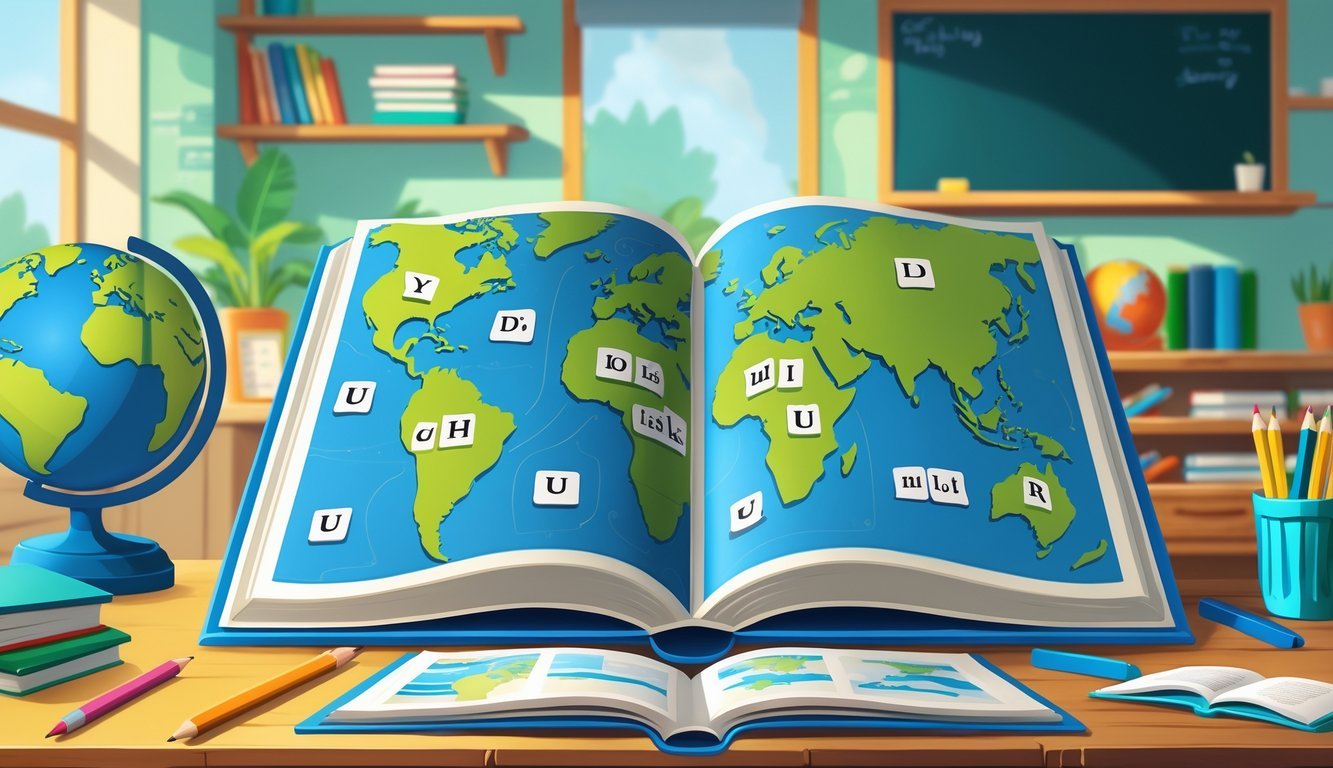 Ilustracija otvorene knjige s prikazom geografskih pojmova napisanih velikim i malim slovima, okružena školskim priborom i globusom.
