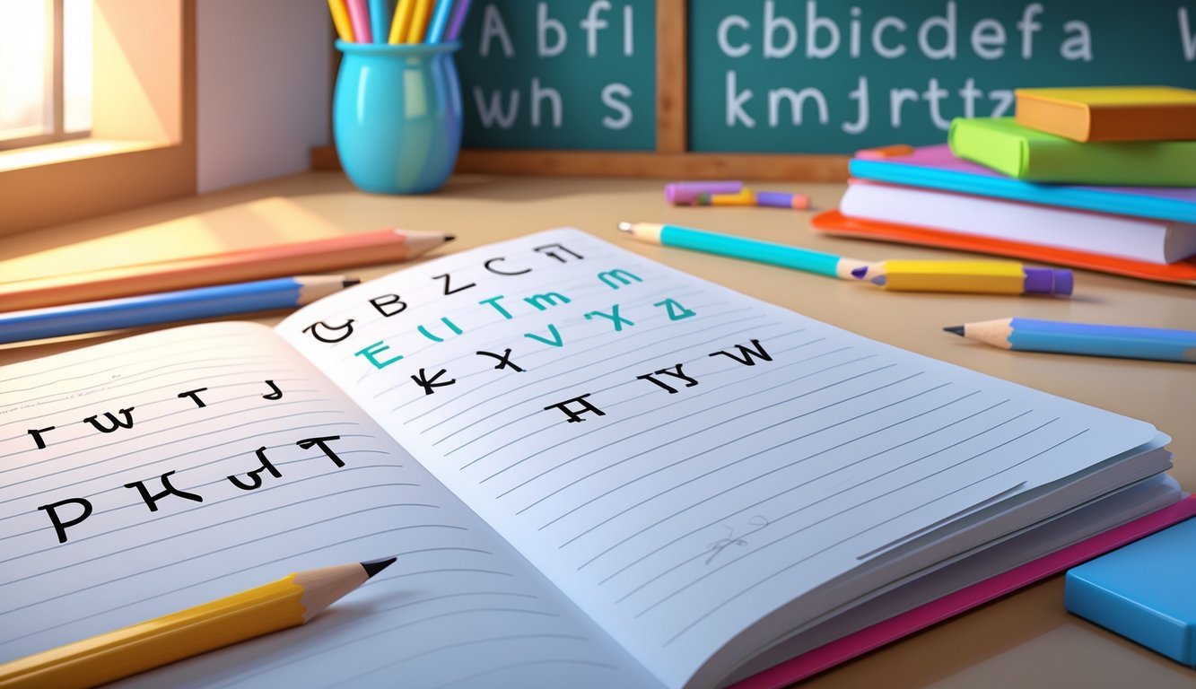 Radni stol sa otvorenom bilježnicom u kojoj su prikazani primjeri velikih i malih slova, okružen olovkama i školskim priborom.