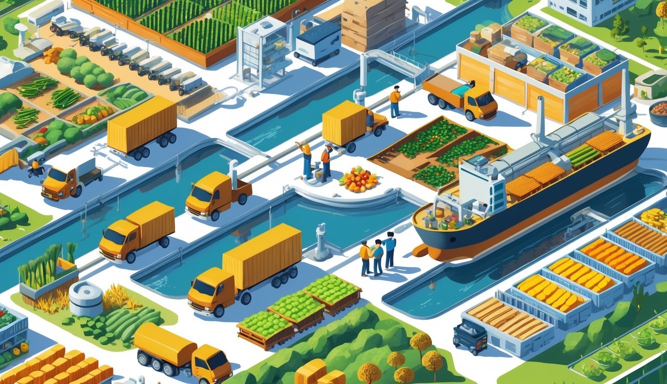 Ilustracija prikazuje različite faze hranidbenog lanca od poljoprivrede preko transporta i skladištenja do prodaje hrane.