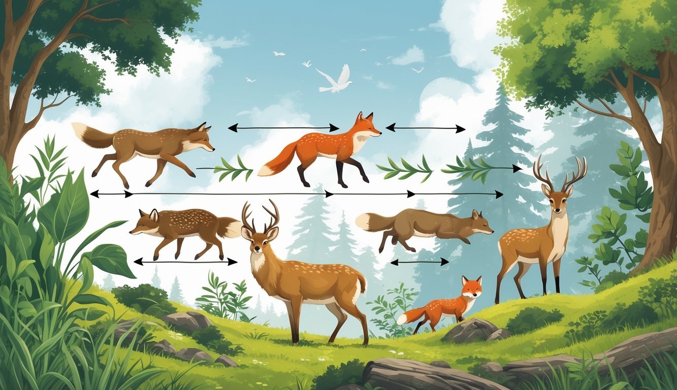 Prikaz hranidbenog lanca u prirodi s biljkama, biljojedima, mesožderima i vrhunskim predatorom u šumskom okruženju.