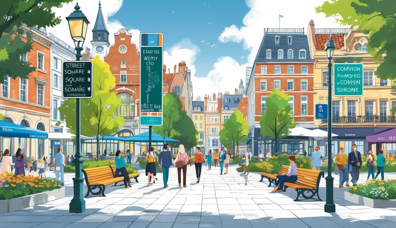 Prikaz užurbanog gradskog trga s ljudima, zgradama i zelenilom bez vidljivih natpisa.