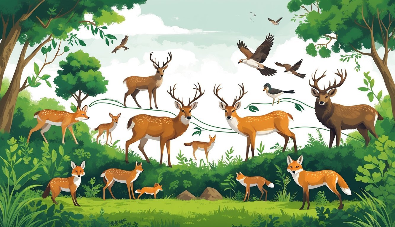 Prikaz hranidbenog lanca u šumskom ekosustavu s biljkama, biljojedima poput jelena i zečeva, manjim predatorima poput lisica i ptica te vrhunskim predatorima poput vuka i orla.