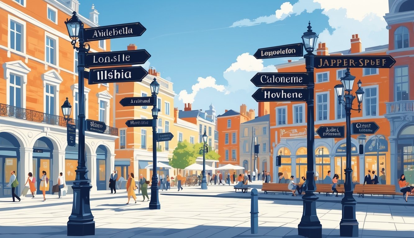 Prikaz gradskog trga s ulicama i pločama s imenima ulica, s ljudima koji prolaze i sjede na klupama.