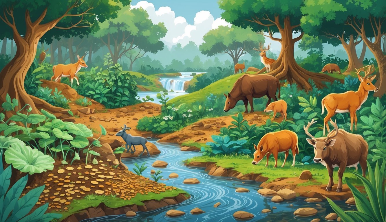 Prikaz prirodnog ekosustava s biljkama, biljojedima, mesojedima i razlagačima koji razgrađuju organski materijal i zatvaraju hranidbeni ciklus.