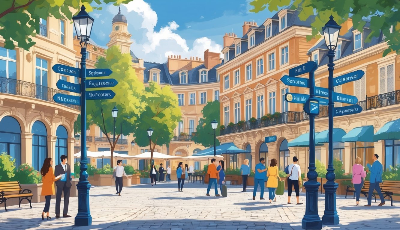 Gradski trg s ulicama i natpisima na stupovima, okružen zgradama i ljudima koji šetaju i gledaju oko sebe.