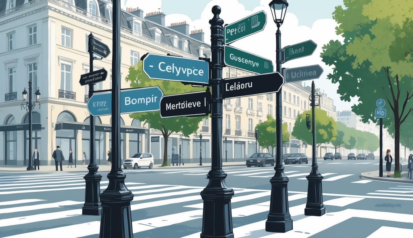 Ulični prizor s natpisima ulica i trgova na stupovima, neki natpisi su iskrivljeni, a neki pravilno postavljeni, s zgradama i ljudima u pozadini.