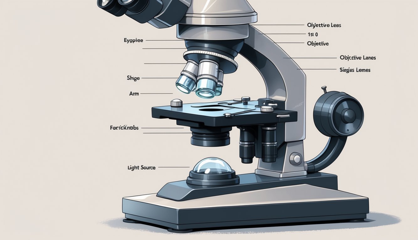 Ilustracija dijelova mikroskopa s jasno prikazanim glavnim komponentama poput okulara, objektiva, stola, kotačića za fokusiranje, ruke, postolja i izvora svjetlosti.