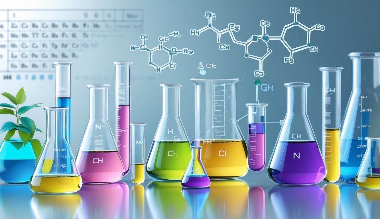 Laboratorijski stol s kemijskim posudama i prikazom molekula organskih spojeva.