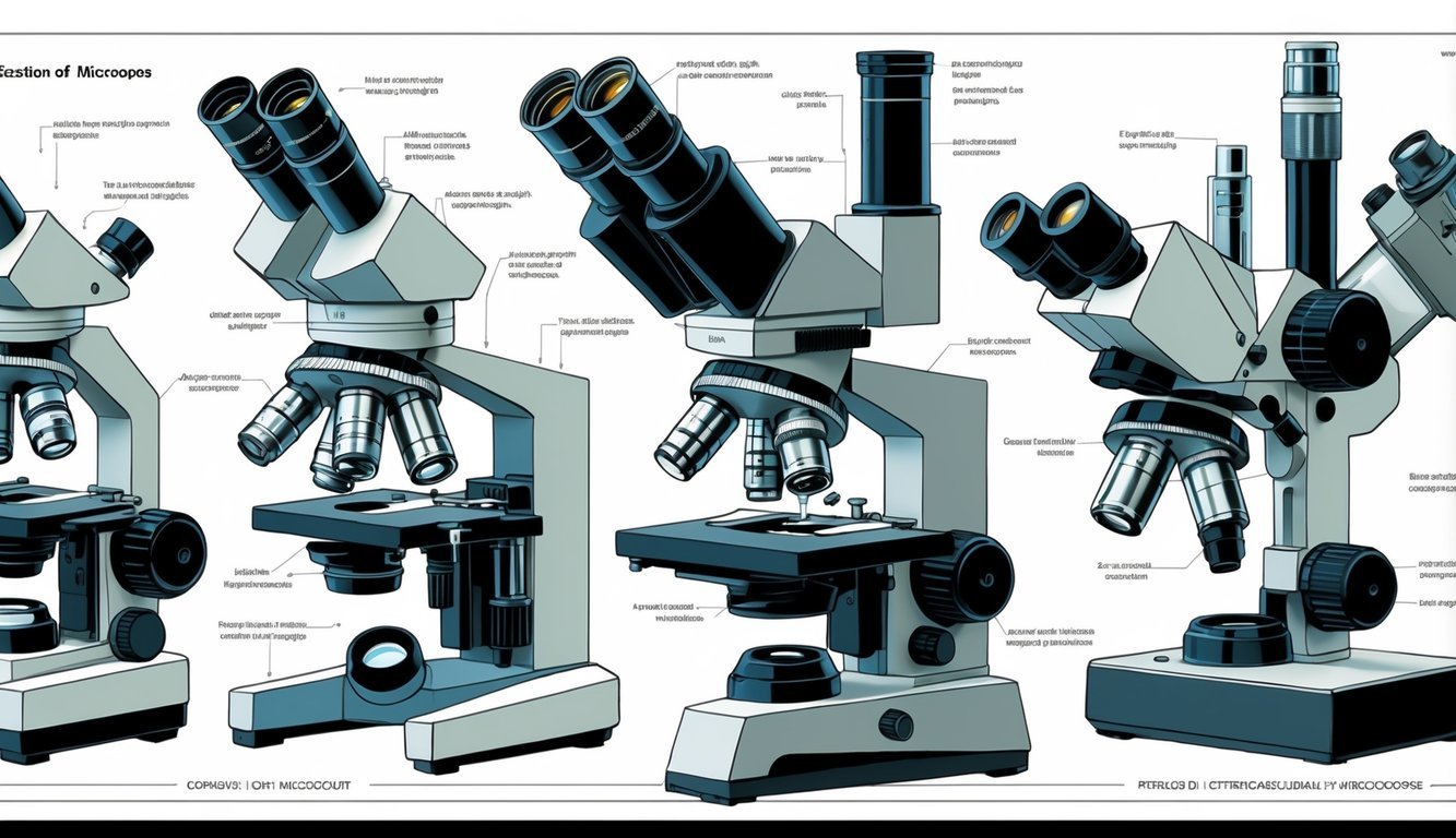 Ilustracija koja prikazuje različite vrste mikroskopa i njihove dijelove, uključujući složeni svjetlosni mikroskop, stereo mikroskop i elektronski mikroskop s istaknutim ključnim dijelovima.