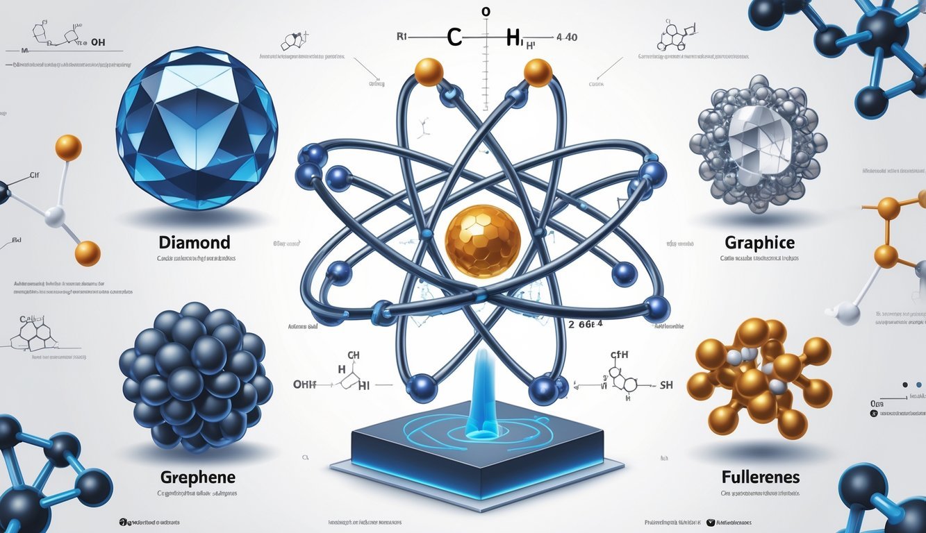 Prikaz atoma ugljika i njegovih alotropa poput dijamanta, grafita, grafena i fulerena s molekulama organskih spojeva u pozadini.