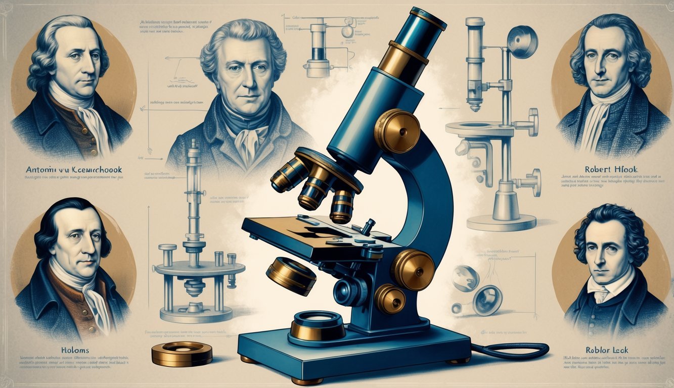 Ilustracija mikroskopa s istaknutim dijelovima i portretima značajnih osoba iz povijesti mikroskopa u pozadini.