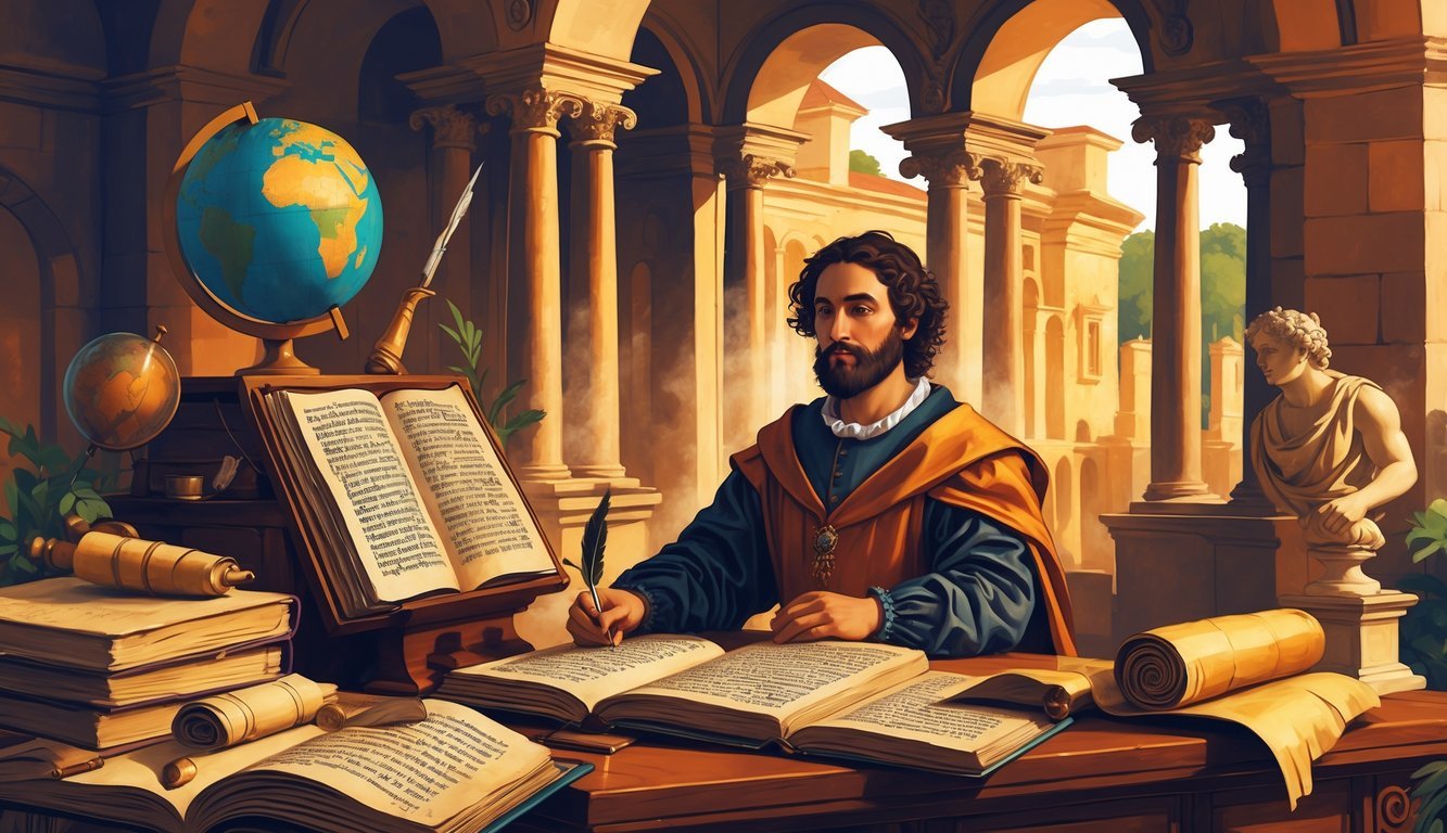 Prikaz renesansnog učenjaka za stolom s knjigama i skulpturama u pozadini s arhitektonskim elementima renesanse.