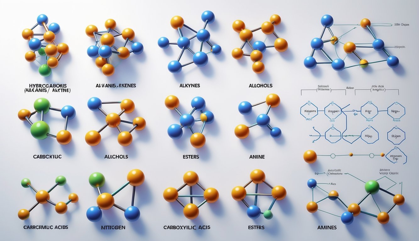 Ilustracija različitih molekularnih struktura organskih spojeva poput ugljikovodika, alkohola, karboksilnih kiselina i amina, prikazanih kao 3D modeli molekula s atomima u različitim bojama.