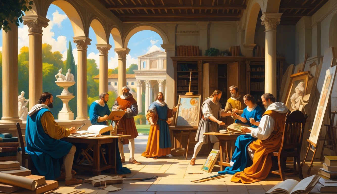 Skupina učenjaka i umjetnika u renesansnom ateljeu okruženi knjigama i umjetničkim alatima, s pogledom na vrt sa skulpturama i fontanama.