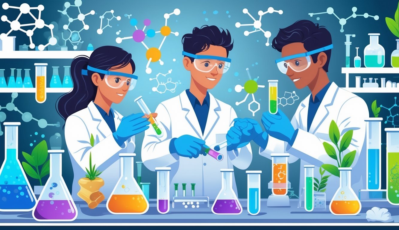 Laboratorij s kemijskim staklenim posudama, molekularnim strukturama i znanstvenicima koji rade na eksperimentima vezanim uz organsku kemiju te prikazom lijekova, biljaka i materijala.