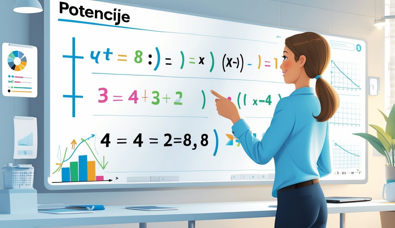 Osoba pokazuje matematičke izraze s potencijama na digitalnoj ploči u radnom prostoru.